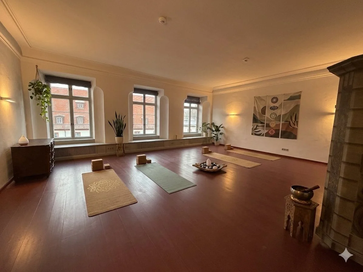 Bewegungsraum mit Yogamatten und großen Fenstern