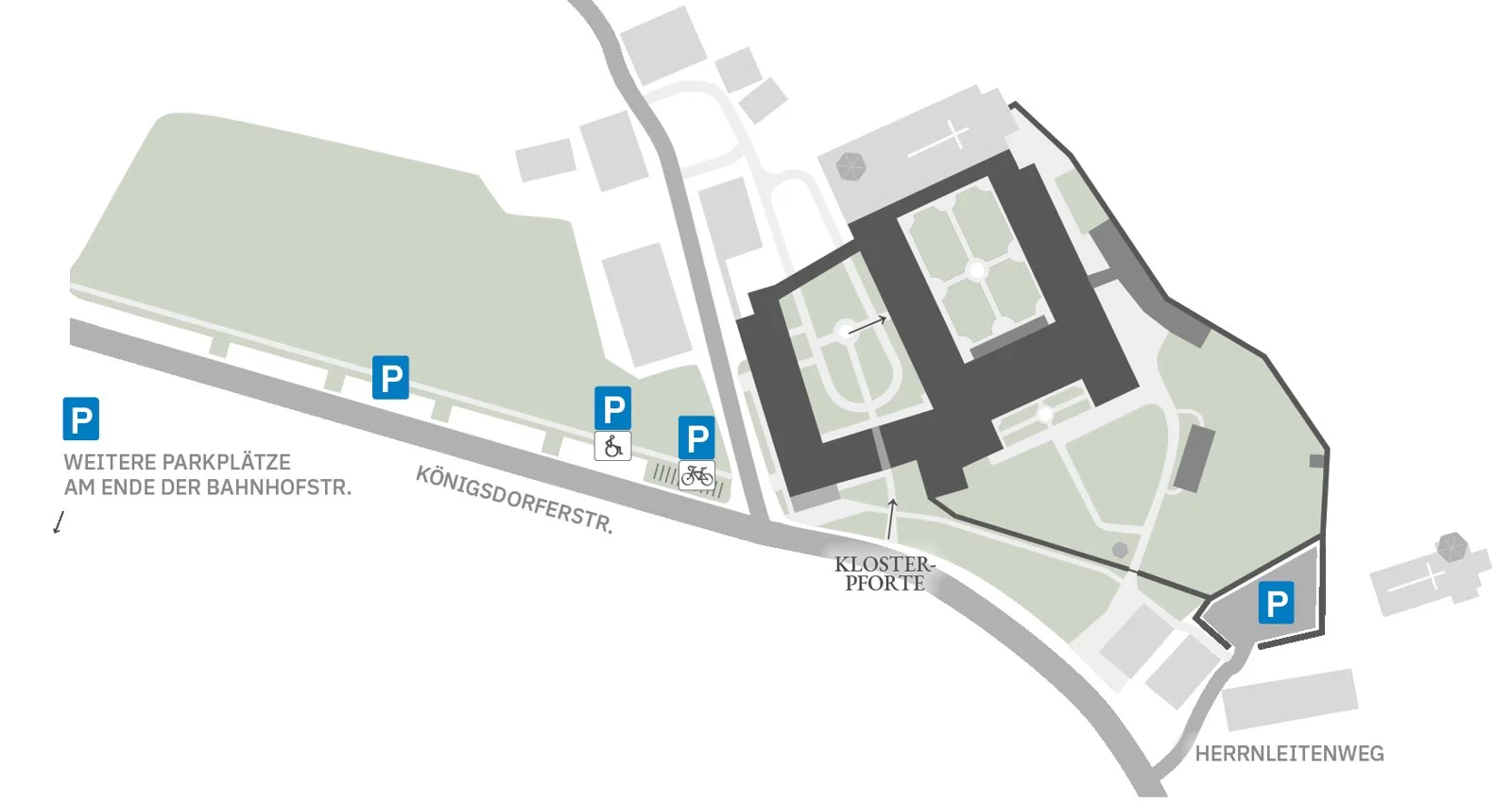 Anfahrt und Parkplätze am Kloster Beuerberg — Lageplan mit Klosterpforte, Königsdorfer Straße und Herrnleitenweg
